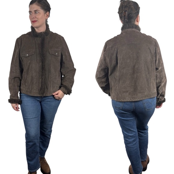 Y2K CROPPED SUEDE LEATHER FAUX FUR TRIM CHOCOLATE BROWN JACKET COLDWATER CREEK - Picture 2 of 15